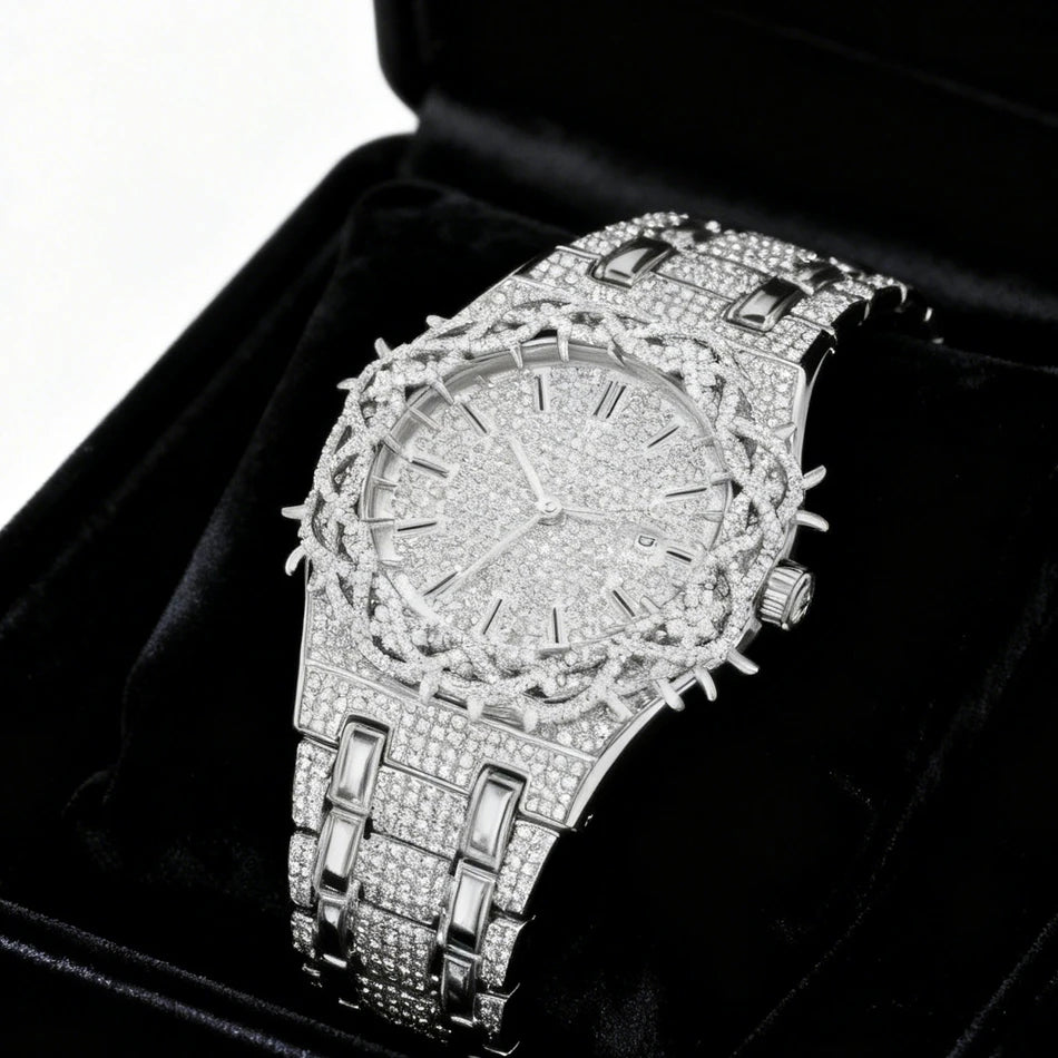 Iced Out Watch Luxury Thorn Crown Quartz Men's Watch