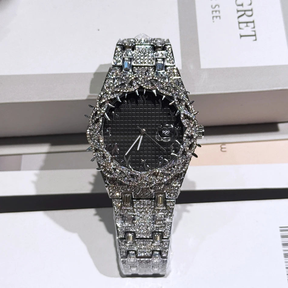 Iced Out Watch Luxury Thorn Crown Quartz Men's Watch