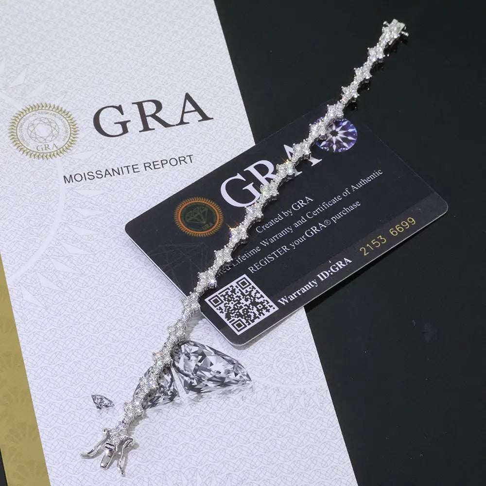 925 VVS Moissanite Star Chain Iced Out Tennis Cross Bracelet Sterling Silver with GRA Certification